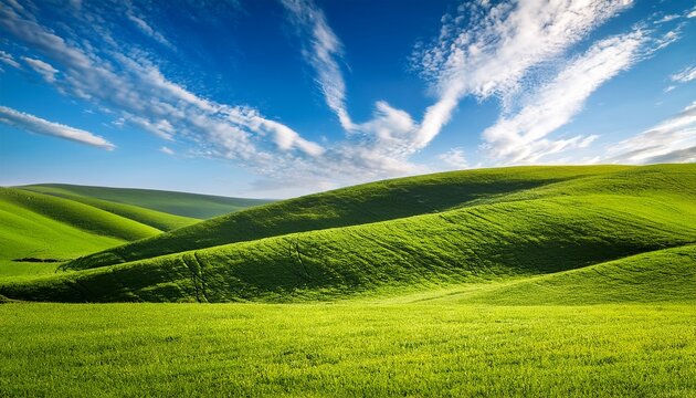 green rolling hills under blue sky with wispy clouds on a sunny day in nature