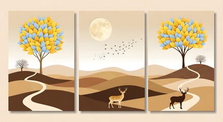 Triptych art canvas wall art tree deer landscape nature scenery modern art print decor design