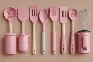 Various pink cooking utensils arranged on a pink surface with a container