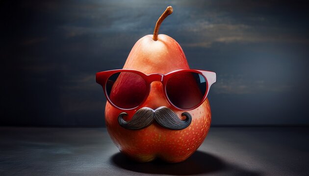 a whimsical red pear wearing oversized sunglasses and a fake mustache against a dark background - Powered by Adobe