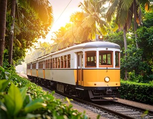 Naklejka premium Vintage tram in a tropical garden