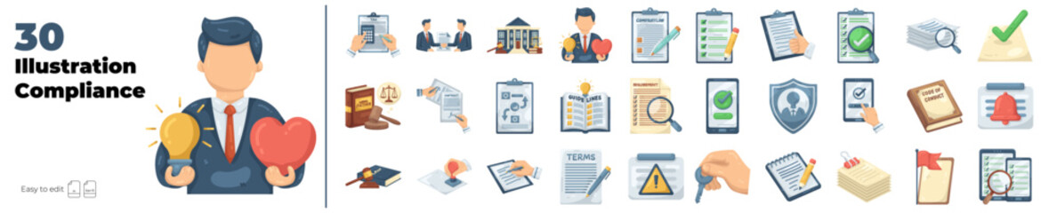 Compliance Editable illustration set. Vector illustration in modern style of compliance, check, inspecting, inspection, analysis, report etc