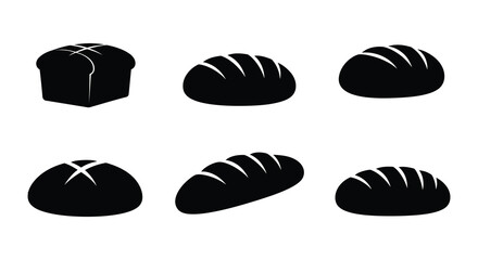 Collection of six different rustic bread loaves in a simple black silhouette style. vector design. Silhouette vector design illustration
