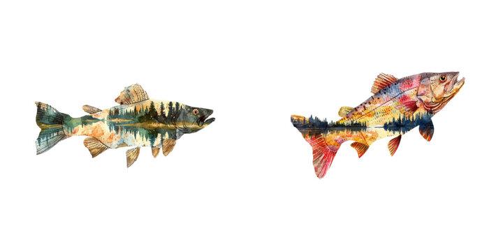 silhouette walleye fish with lake scene inside watercolor vector illustration