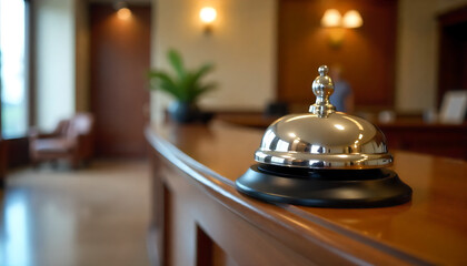  Silver hotel reception bell on wooden counter in elegant lobby setting, created with generative ai