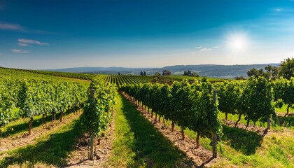 Naklejka premium vineyard landscape with rows of healthy grape vines basking in summer sun ready for harvest