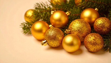 Golden Christmas ornaments arranged among fresh pine needles, perfect for seasonal decor.