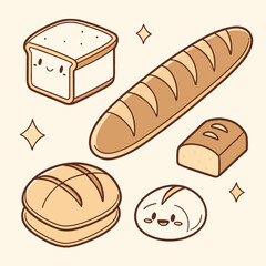 Adorable kawaii style bread collection featuring a loaf baguette rolls and sandwich bread silhouette