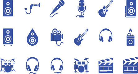 Blue music and media icons on white background speaker