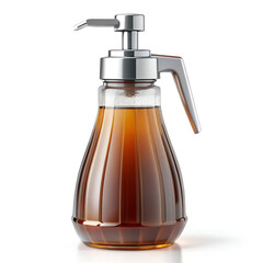 Obraz premium A glass syrup dispenser with a metal pump and handle, filled with amber liquid, isolated on a white background