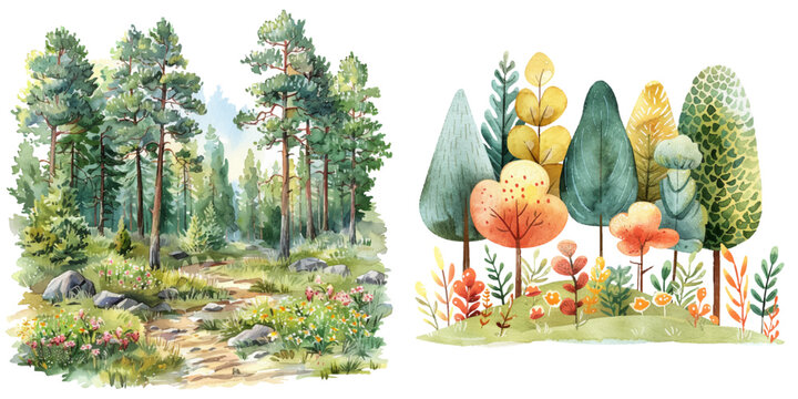 spring forest watercolor vector illustration