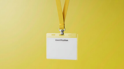 White blank identification badge with lanyard on yellow background for conference, Blank office badge, empty name tag on yellow backdrop. Mock-up, created with generative ai