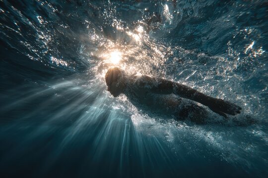 Underwater swimmer glides through sunlit water, creating ethereal light rays in motion