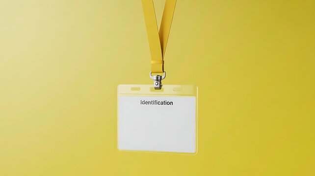 White blank identification badge with lanyard on yellow background for conference, Blank office badge, empty name tag on yellow backdrop. Mock-up, created with generative ai