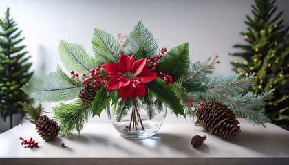 christmas themed floral arrangements with pinecones holly berries and greenery in glass vases create festive decor