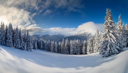 panoramic winter landscape with snow covered trees and majestic mountains under a cloudy sky capturing the serene beauty of nature