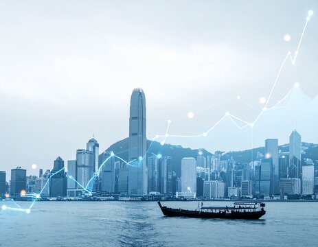Modern cityscape skyline with a boat in the foreground and a glowing blue financial growth chart overlay, symbolizing economic progress and business success