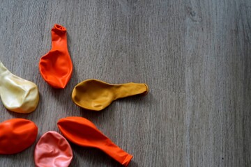 orange yellow sun ornament many colorful not blown balloons birthday party preparation celebration wedding holiday non eco before