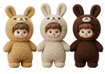 Three dolls wearing animal costumes with bunny ears standing side by side in a row on display on transparent background
