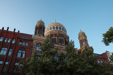 The historic Moorish Revival architecture of the New Synagogue (Neue Synagoge) in Berlin, Germany.

