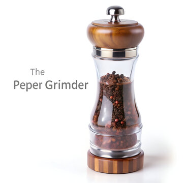 A modern wooden and glass pepper grinder filled with peppercorns, isolated on white background