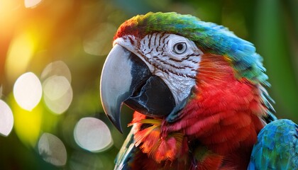 Obraz premium vibrant macaw parrot in tropical rainforest with colorful plumage and bokeh background
