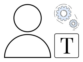 Outline of a user icon near rotating gears and a text editor element. Ideal for user setup, preferences, settings, customization, personalization, UI design, web tools. Simple flat metaphor