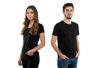 A woman and a man posing for the camera wearing casual clothing with hands in their pockets looking ahead on transparent background