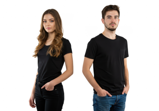 A woman and a man posing for the camera wearing casual clothing with hands in their pockets looking ahead on transparent background