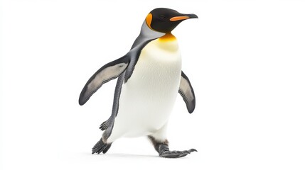 Fototapeta premium Adult Emperor Penguin Walking on White Background with Flippers Outstretched