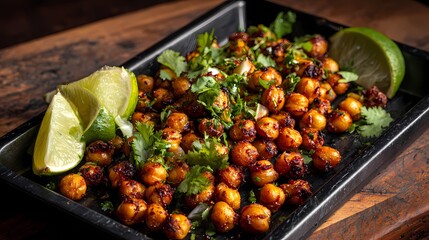 Presents roasted chickpeas on tray with lime, cilantro.  Image ideal for culinary blogs, cookbooks, food marketing, editorial, web use, restaurant menus.