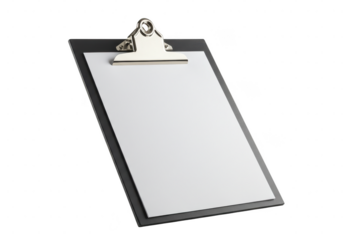 Angled view of a clipboard with a silver clip and a blank white sheet of paper on a solid surface on transparent background