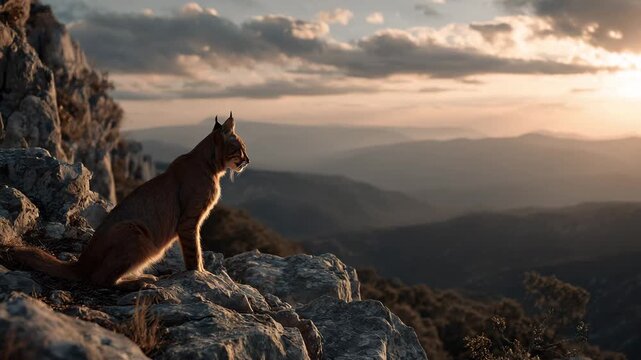 Gato montes on rocky cliff at sunset overlooking vast mountain range