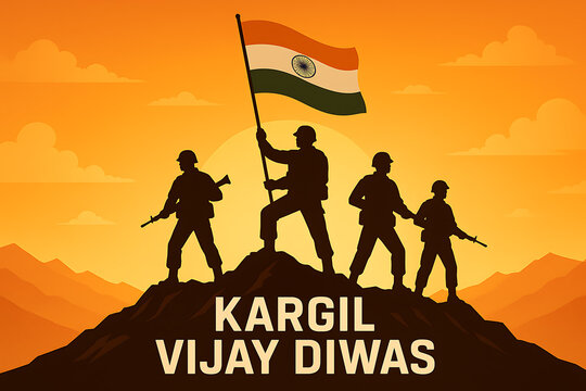 Indian soldiers holding national flag on mountain at sunrise for kargil vijay diwas celebration, patriotism and victory