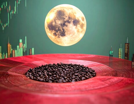 Full moon over a pile of coffee beans with a cityscape and stock market graph in the background, symbolizing financial growth and investment opportunities - Powered by Adobe