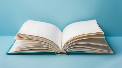 Fototapeta premium An Open Book With Blank Pages on a Blue Background