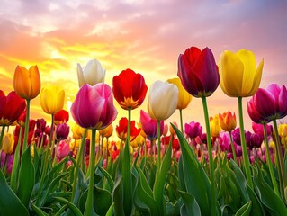Fototapeta premium Vibrant Tulip Field During Sunset with Colorful Blossoms in Bloom