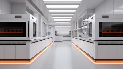 A modern, sleek kitchen interior featuring advanced cooking appliances and ambient lighting, showcasing a clean and innovative design.