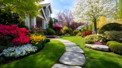 Naklejka premium Vibrant Spring Garden in a Beautiful Residential Neighborhood