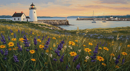 A charming lighthouse stands tall beside a coastal village, with a field of wildflowers in the foreground at sunset