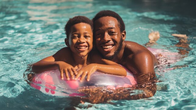 Handsome African American father and son having fun in the pool, smiling with joy