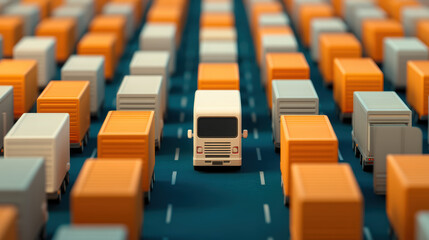 A top-down view of a road filled with colorful truck containers, highlighting a single white truck navigating through the maze of cargo.