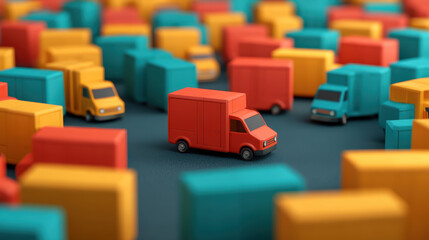 Obraz premium A colorful arrangement of miniature trucks in a crowded scene, showcasing vibrant colors and a playful design.