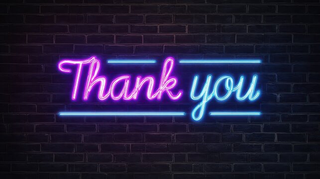 Neon light sign with text "Thank you" on a dark brick wall background