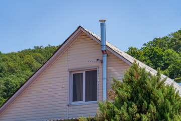 Gable end of beige-sided house with white-framed window and modern stainless steel chimney extending above weathered roof, set against backdrop of lush green forest and clear blue sky