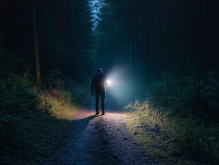 Person Walking Alone in Dark Forest with Flashlight at Night