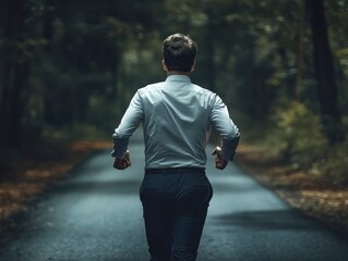 Obraz premium Man in Dress Shirt Running on a Forest Road Surrounded by Trees
