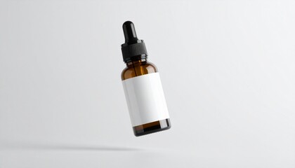 Sleek amber glass dropper bottle with a blank label, levitating against a clean white studio background.
