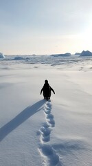 Penguin Walking Alone on Snowy Landscape in Arctic Environment