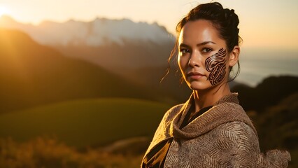 "A beautiful Maori girl with traditional chin tattoo (moko kauae), wearing woven flax cloak, standing against New Zealand landscape, golden hour lighting"